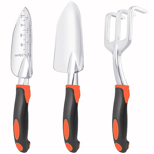 Conjunto de ferramentas de jardinagem, kit com 3 peças de ferramentas pesadas que inclui pá de jardim, pazinha de transplante e ancinho de mão com cabo ergonômico, liga de alumínio para plantio, laranja