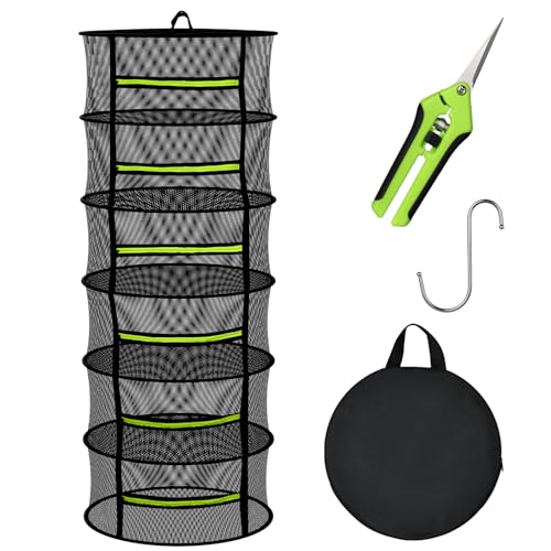 Herb Drying Rack with Mesh Design, Hanging Drying Rack with Green Zipper & Garden Pruning Shears – Versatile Plant Drying Solution (6 Layers)
