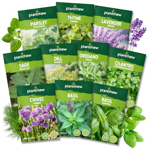 Pacote de Variedade de 10 Sementes de Ervas - 7.000+ Sementes de Sementes Herança - Manjericão, Coentro, Lavanda, Salsa, Endro, Tomilho, Cebolinha, Orégano, Sálvia, Jardim de Ervas para Manejo de Insetos da Abóbora