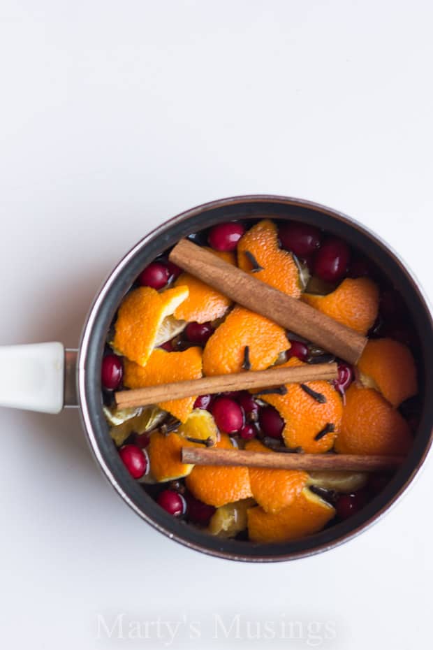 Pot-pourri caseiro em uma panela com laranjas, paus de canela e cranberries
