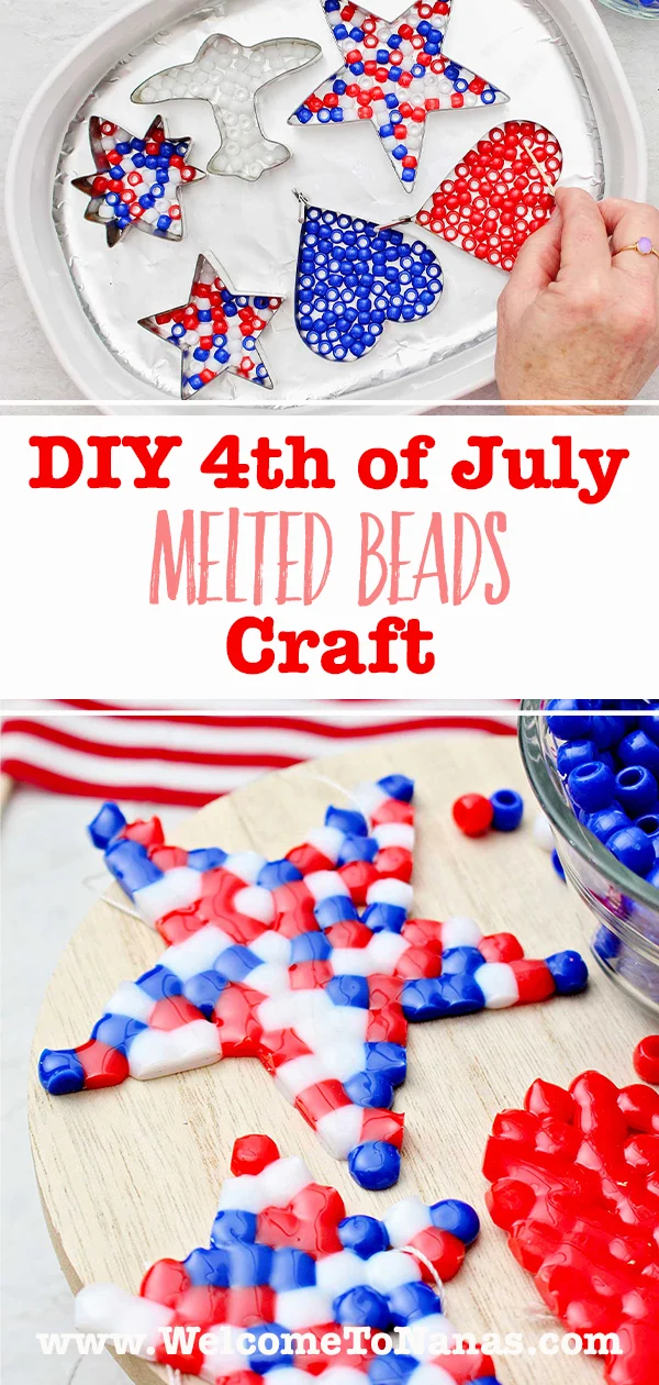 Uma imagem de uma pessoa organizando contas coloridas dentro de um cortador de biscoitos e uma imagem de alguns artesanatos de contas derretidas em vermelho, branco e azul em forma de estrela.