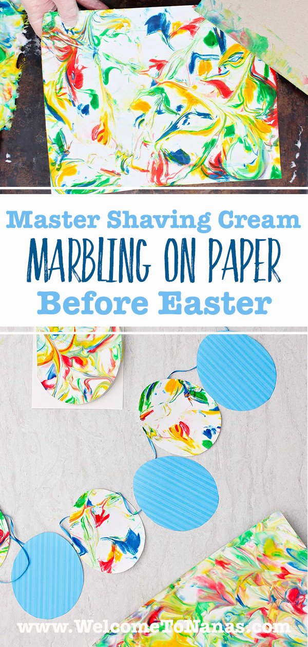 Duas imagens, uma de um papel com marbrado colorido e outra imagem com ovos de papel alternando entre azul e marbrado em uma fita.