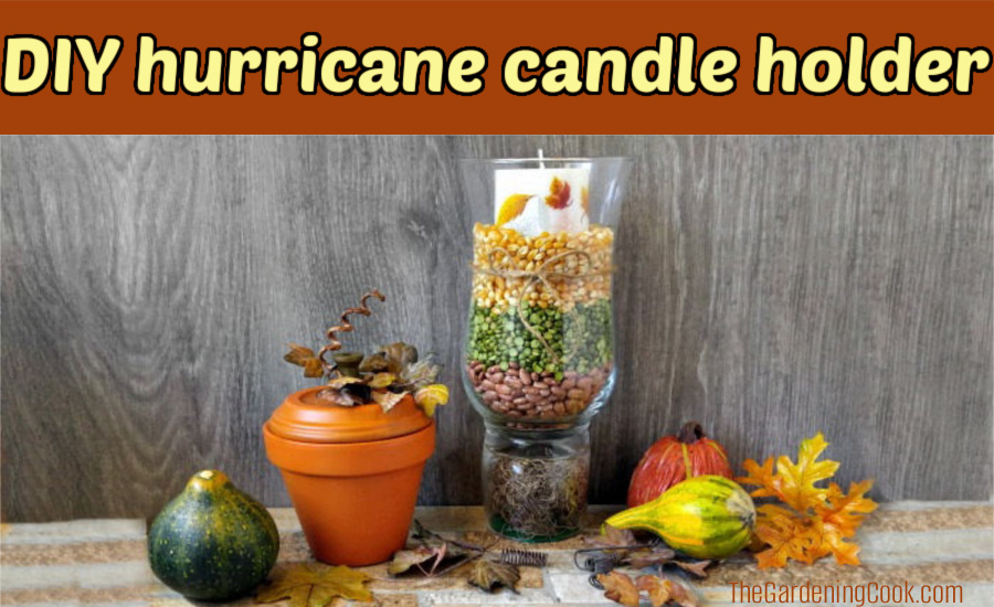 Pipoca, feijões, sementes e musgo ao redor de uma vela em um frasco de vidro ao lado de uma abóbora de barro e cabaças do outono. Caixa de texto marrom diz DIY porta-candela furacão.