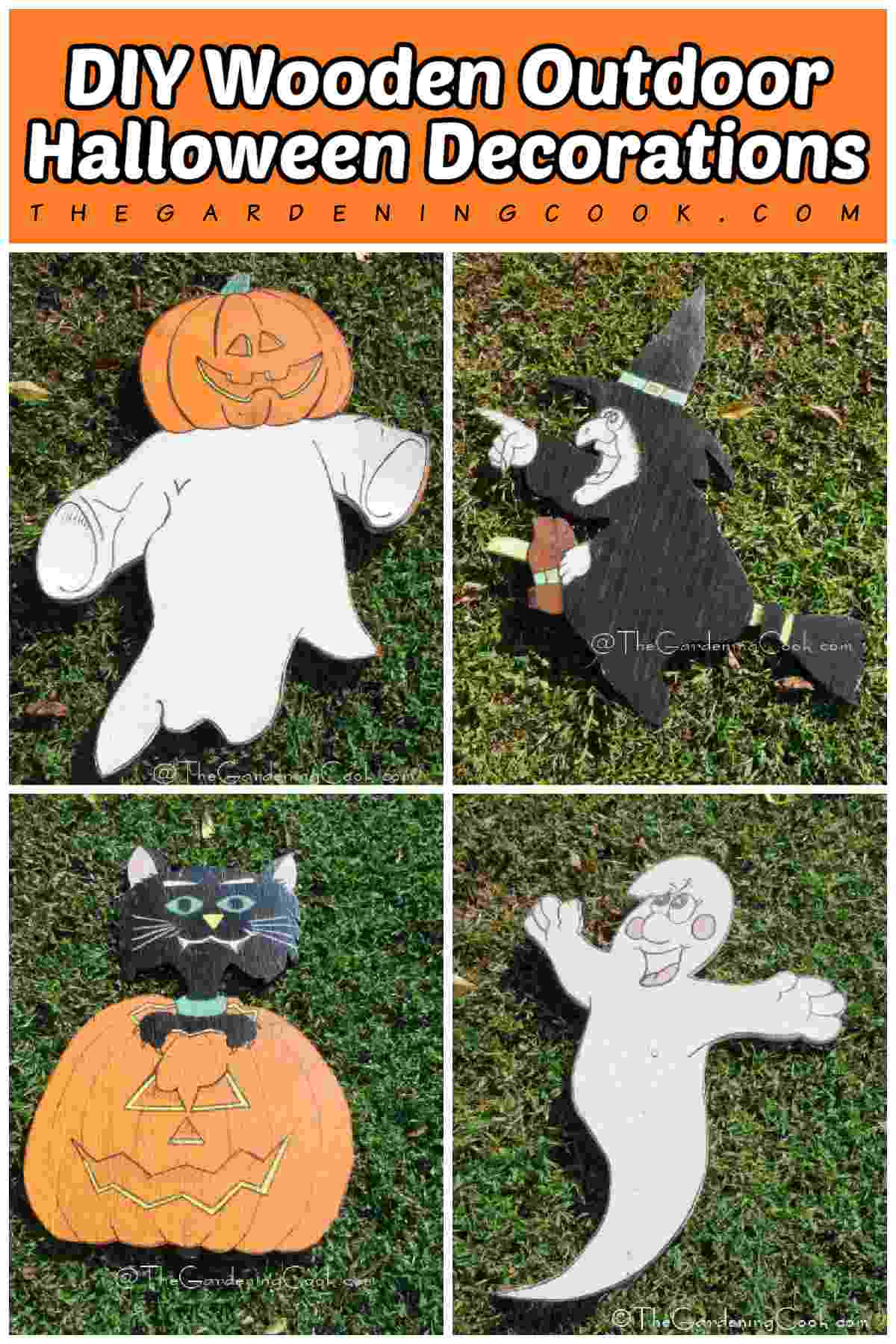 decorações ao ar livre de Halloween em madeira Uma colagem de quatro decorações de madeira de Halloween (fantasma de abóbora, bruxa, gato na abóbora e fantasma) com uma sobreposição de texto na parte superior que diz decorações de madeira ao ar livre de Halloween DIY.
