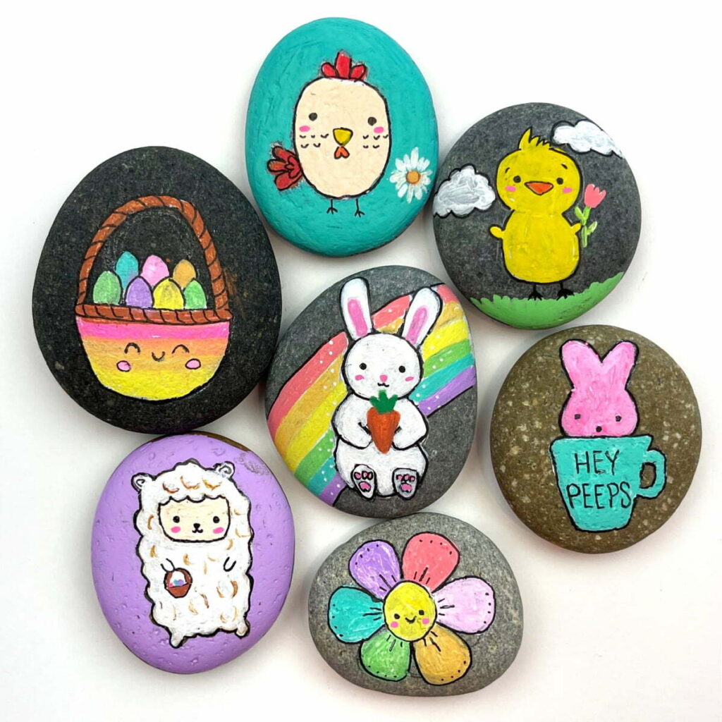 Ideias de Pedras Pintadas de Páscoa - Existem 6 pedras pintadas com designs diferentes