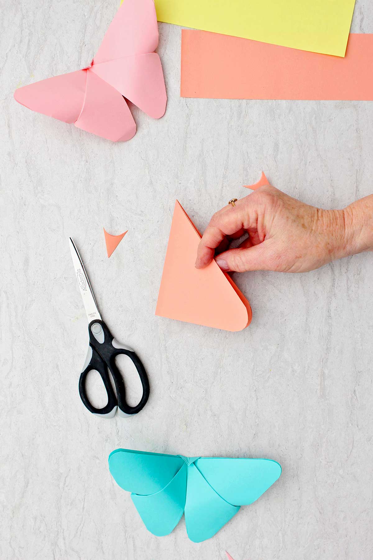 Uma pessoa mostrando um pedaço de papel triângulo dobrado com bordas arredondadas.