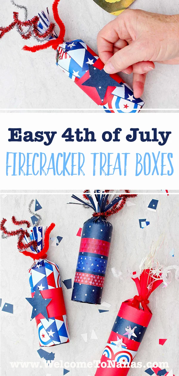 Três caixas de guloseimas em forma de fogos de artifício decoradas com papéis vermelhos, brancos e azuis e fita washi, com alguns retalhos de papel festivo espalhados ao redor e uma imagem de uma pessoa colocando uma estrela de papel azul na caixa de guloseima completa.