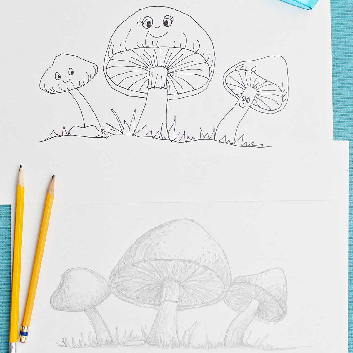 Desenho de um cogumelo em dois estilos diferentes com lápis e canetas