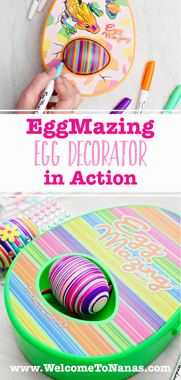 Imagens de dois designs diferentes de kits EggMazing com ovos coloridos dentro.