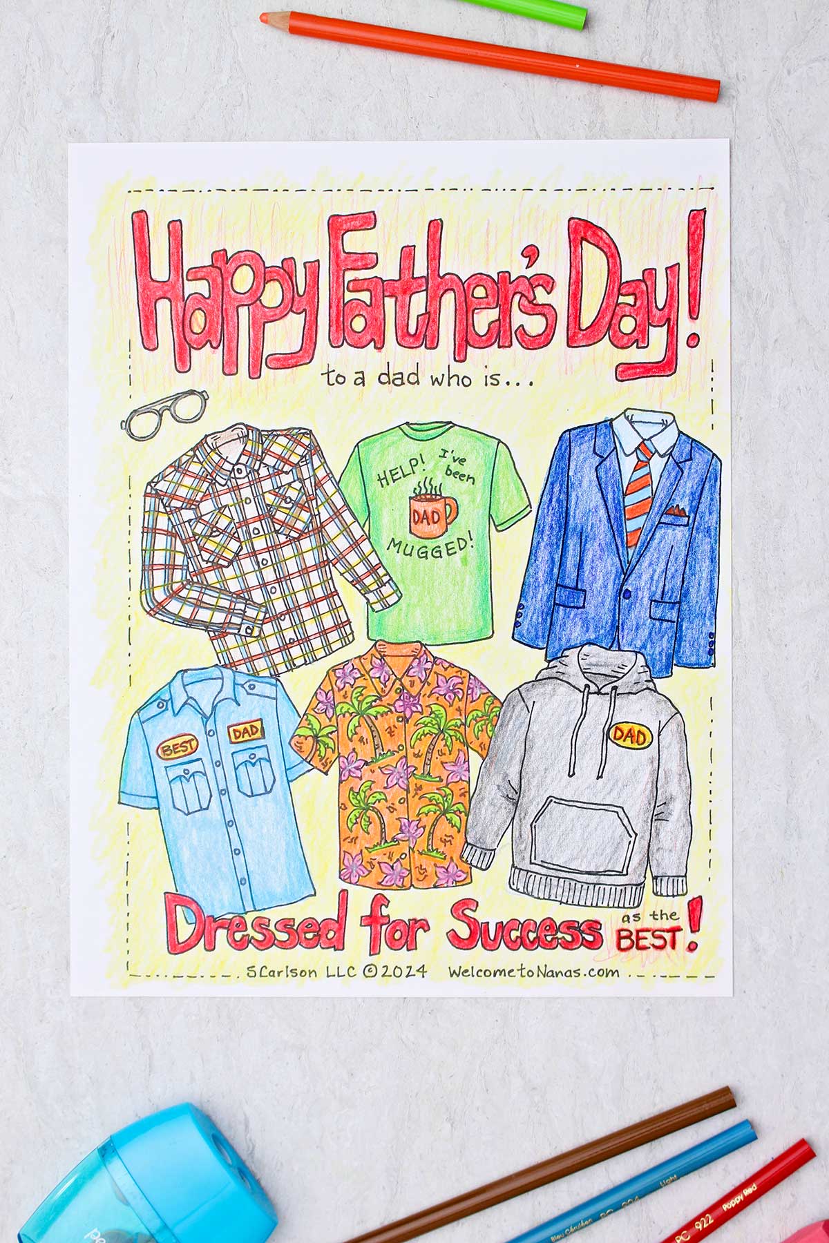 Página do Dia dos Pais completa com seis camisas ou jaquetas diferentes que um pai pode usar com as palavras 'Vestido para o Sucesso como o MELHOR!' embaixo.