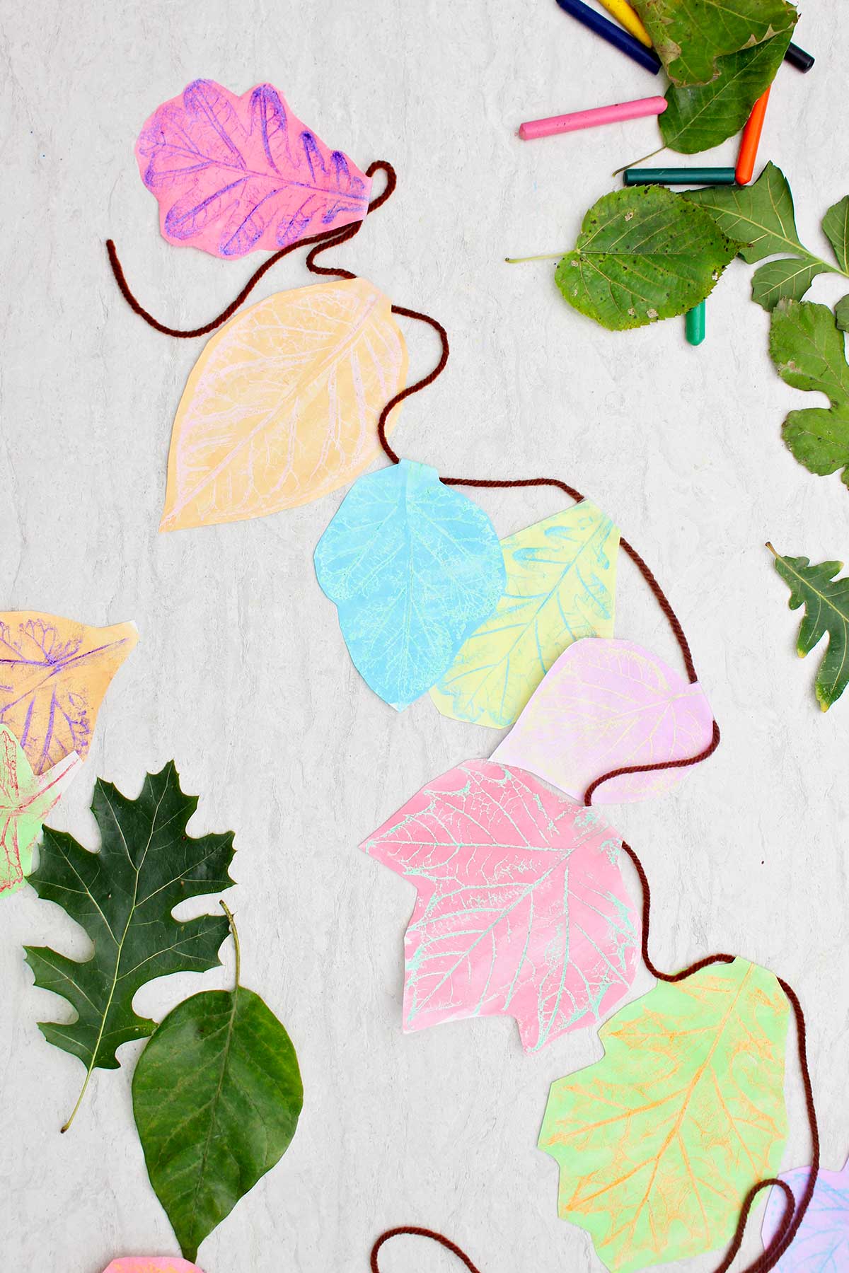 Uma guirlanda de impressões de folhas feitas com muitas cores de giz de cera e aquarela.