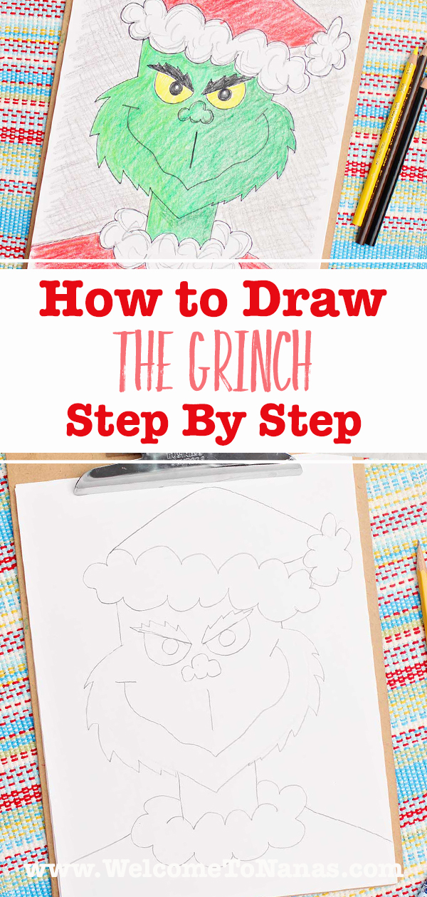 Um desenho colorido e um esboço a lápis do Grinch vestido de Papai Noel.