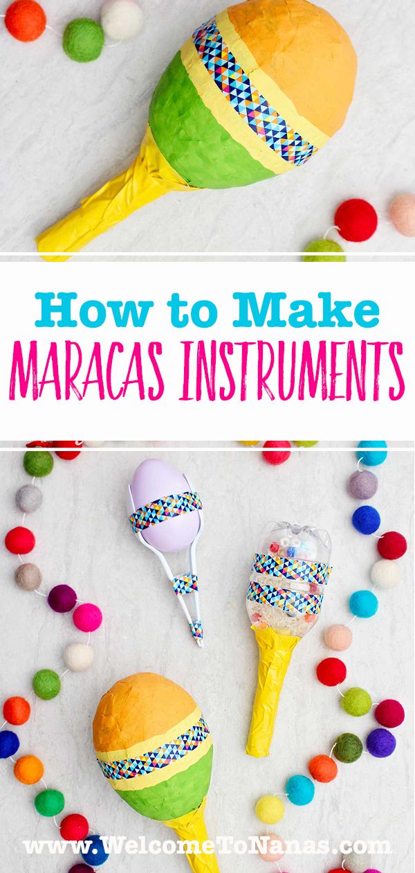 Imagens de maracas completas em três designs diferentes com pom pons coloridos próximos.