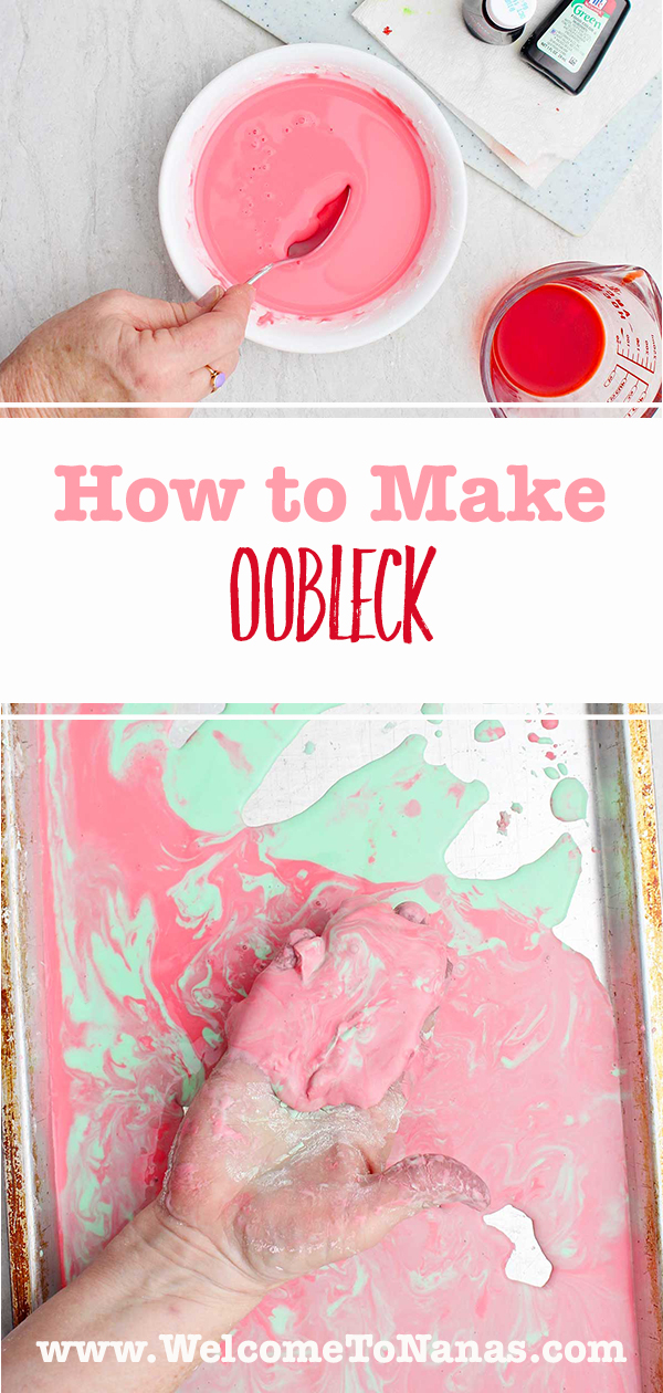 Uma foto de uma pessoa misturando os ingredientes do oobleck em uma tigela e uma delas brincando com a mistura de oobleck em uma assadeira.