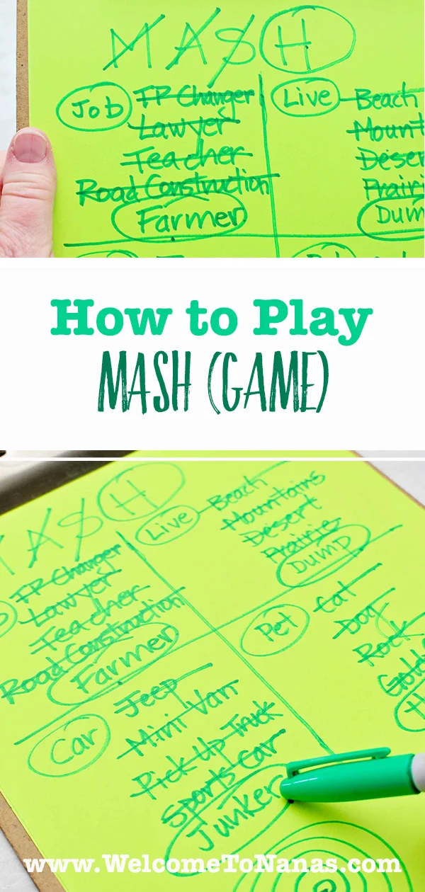 Duas imagens de jogos de MASH em papel verde e texto em caneta marcador verde.