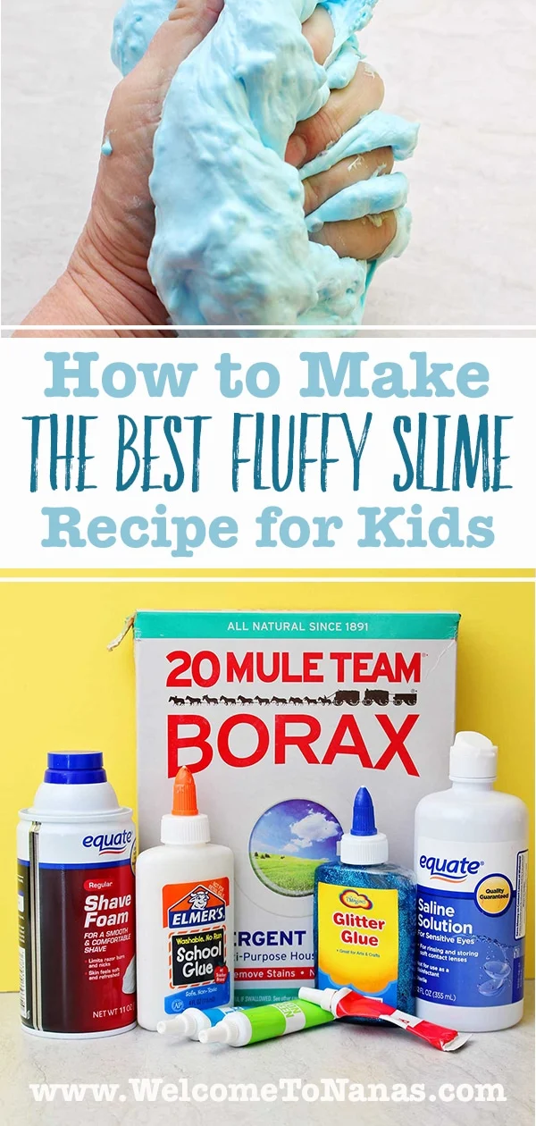 Uma imagem de slime fofo pronto e todos os ingredientes necessários para fazê-lo contra um fundo amarelo.
