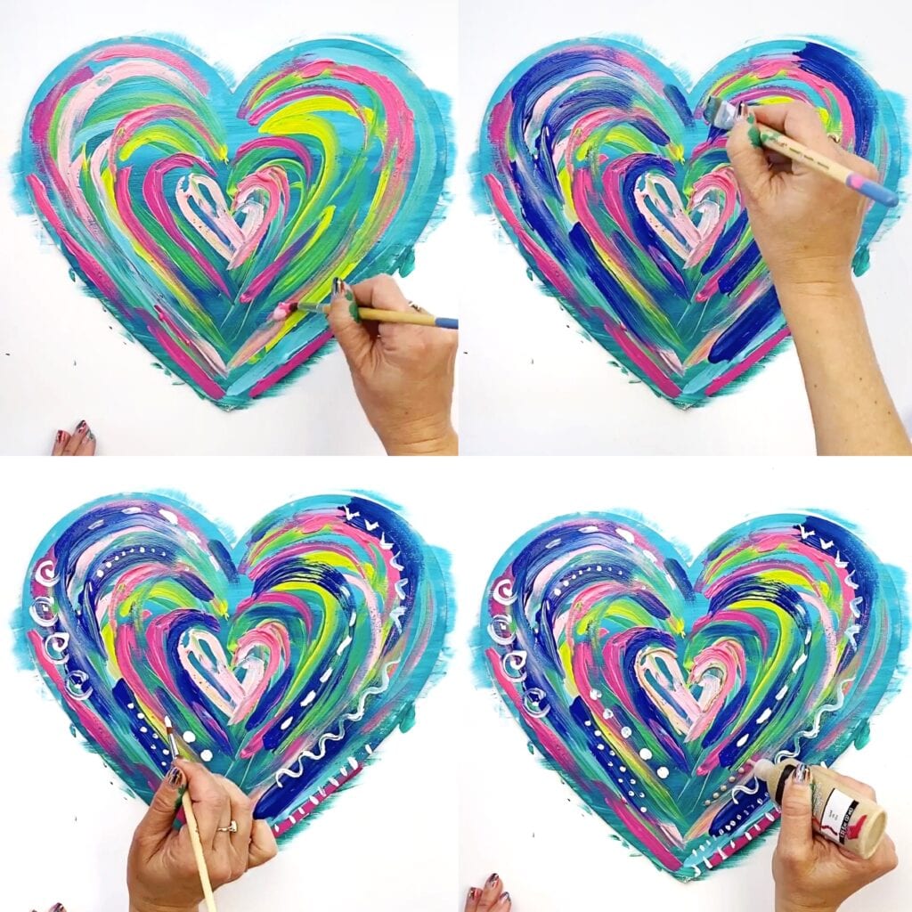 Esta é a segunda imagem do tutorial. Primeiro, cores claras estão sendo adicionadas para dar mais cor e forma ao coração. Então cores escuras são adicionadas. Finalmente, designs são adicionados por cima primeiro com tinta branca e depois tinta dimensional.