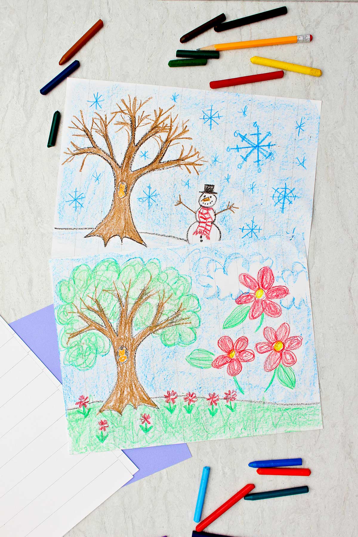 Desenhos coloridos de inverno e primavera com marcas leves de lápis para guiar o artista a cortar o desenho em tiras.