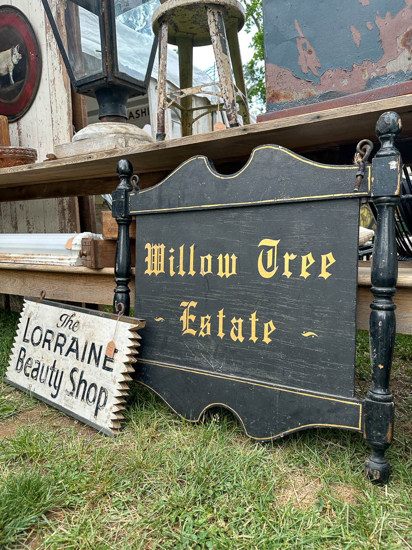 Explore my vintage booth from the Lucketts Spring Market. It's among the trendiest vintage markets on the East Coast! #vintage #vintagedecor Vintage Willow Tree Estate sign
