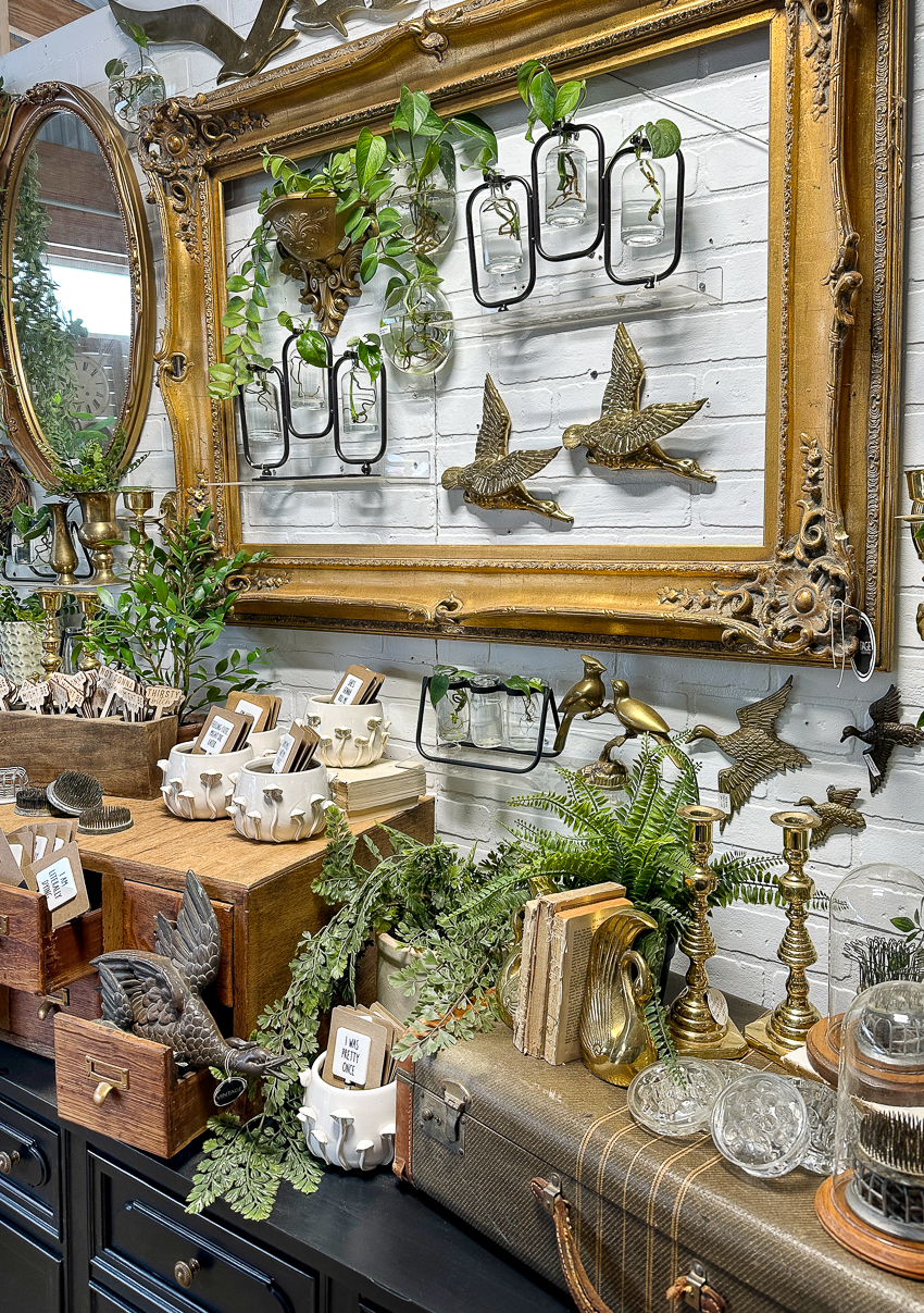 Explore my vintage booth from the Lucketts Spring Market. It's among the trendiest vintage markets on the East Coast! #vintage #vintagedecor vintage propagation plant wall