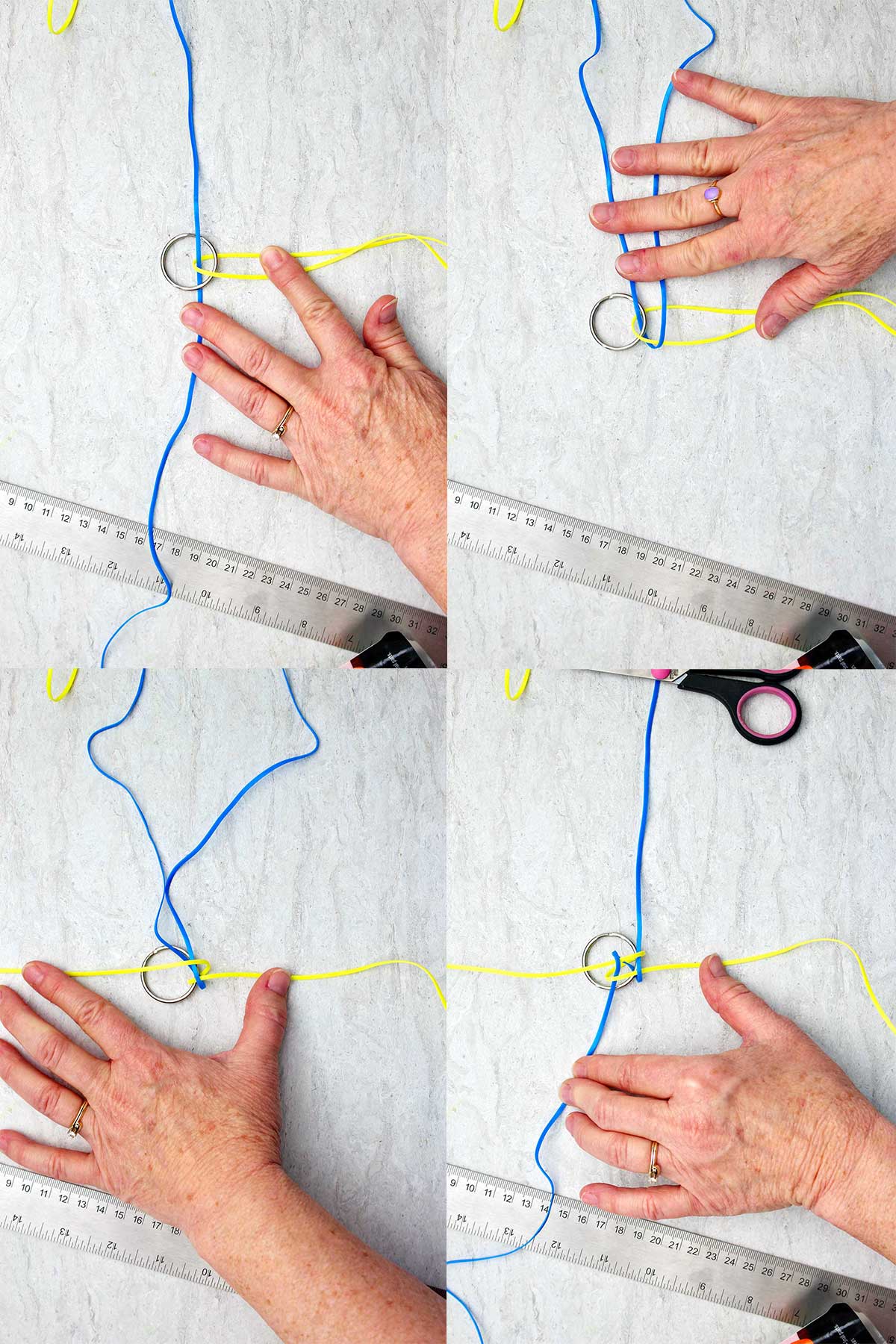 Etapas para tecer um chaveiro boondoggle amarelo e azul.