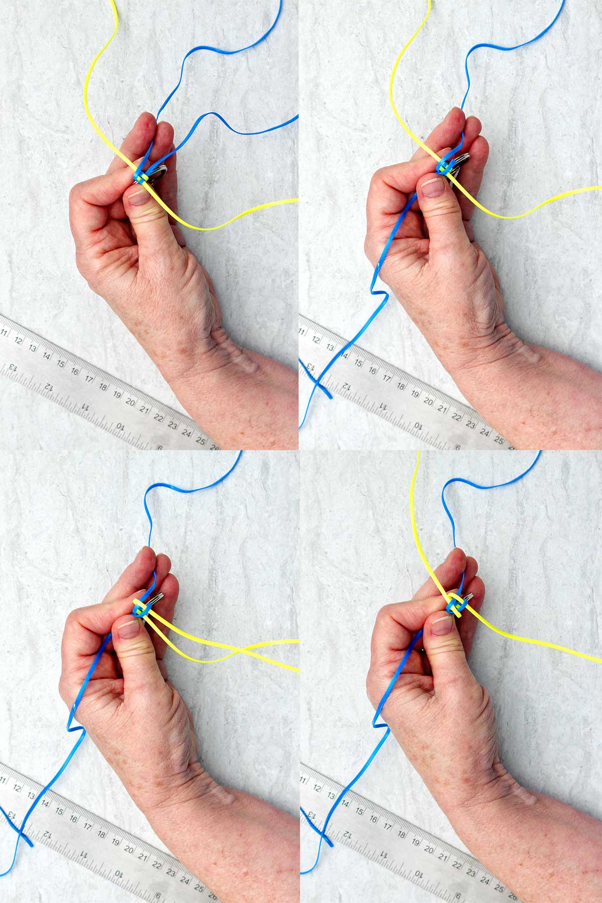 Passos para entrelaçar um chaveiro boondoggle amarelo e azul.