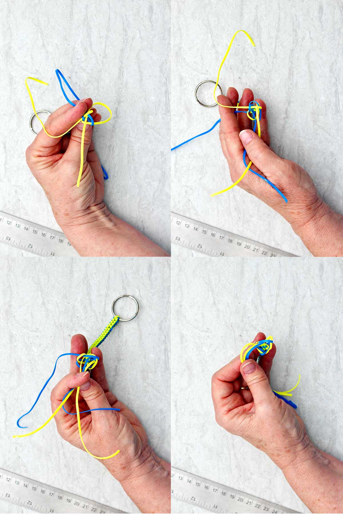 Passos para tecer um chaveiro boondoggle amarelo e azul.