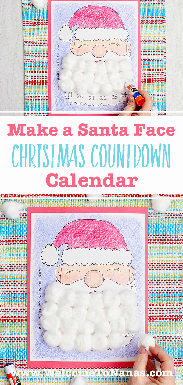 Duas imagens de calendários de contagem regressiva de Natal coloridos. Uma com uma pessoa colocando cola em uma data e outra colando uma bola de algodão na barba do Papai Noel.