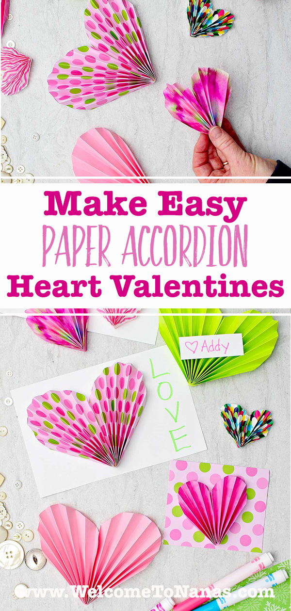 Acordeões de papel rosa e verde usados para decorar cartões e valentins com algumas canetas e botões espalhados nas proximidades e uma imagem de uma pessoa segurando um coração de papel em acordeão colorido.
