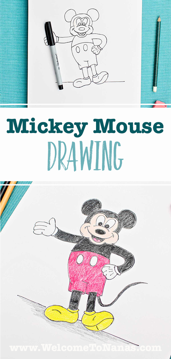 Duas imagens de um esboço do Mickey Mouse. Uma em caneta e uma colorida.