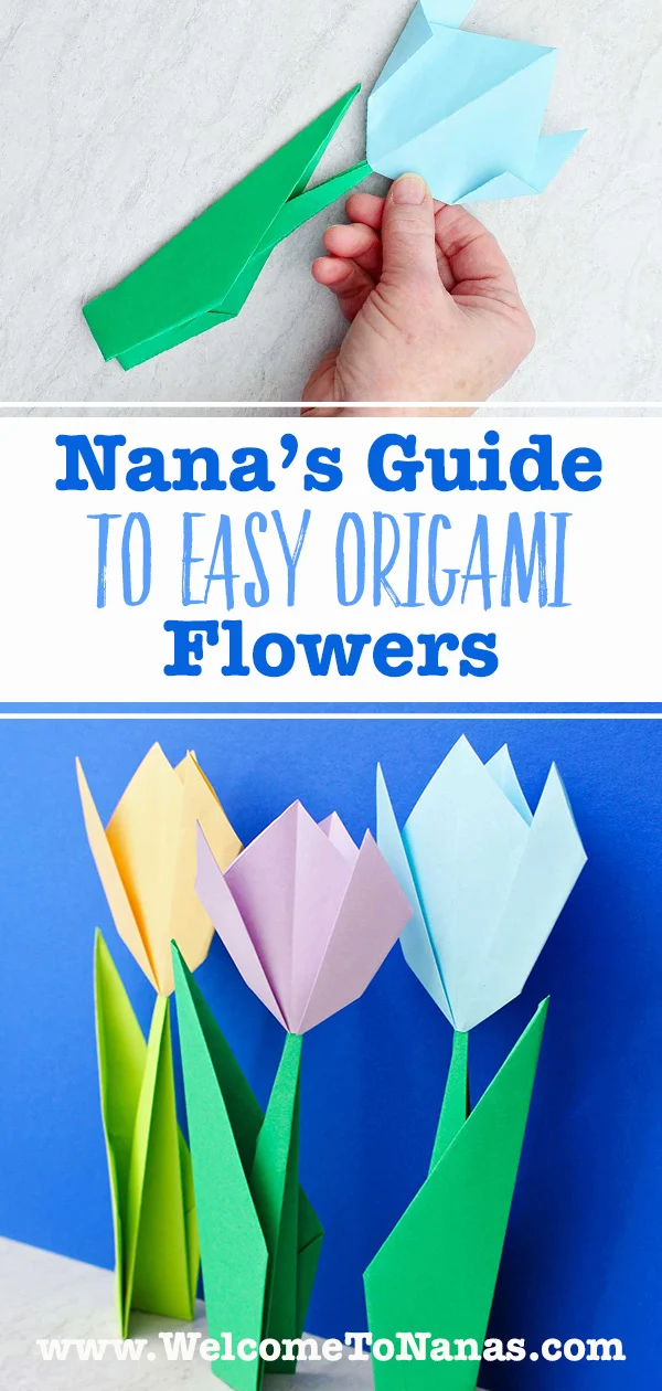Uma pessoa segurando uma flor de origami azul clara e uma imagem de três flores de origami completas na frente de um fundo azul brilhante.