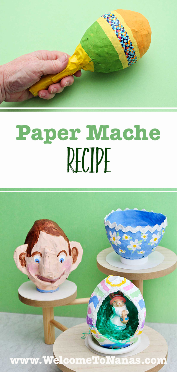 Duas imagens de quatro projetos diferentes que você pode fazer com papel machê.