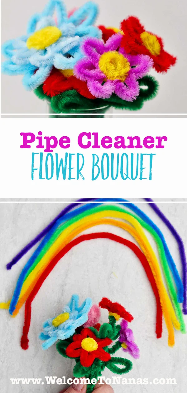 Buquês de flores de limpadores de pipe. Um em um copo e um segurado por uma pessoa com um arco-íris de limpadores de pipe acima.