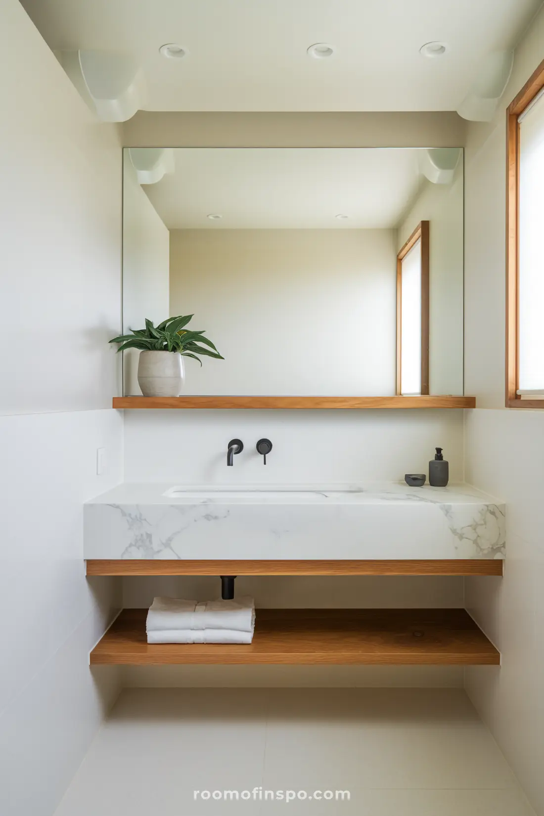 Banheiro Japandi moderno com linhas limpas e detalhes em madeira quente.