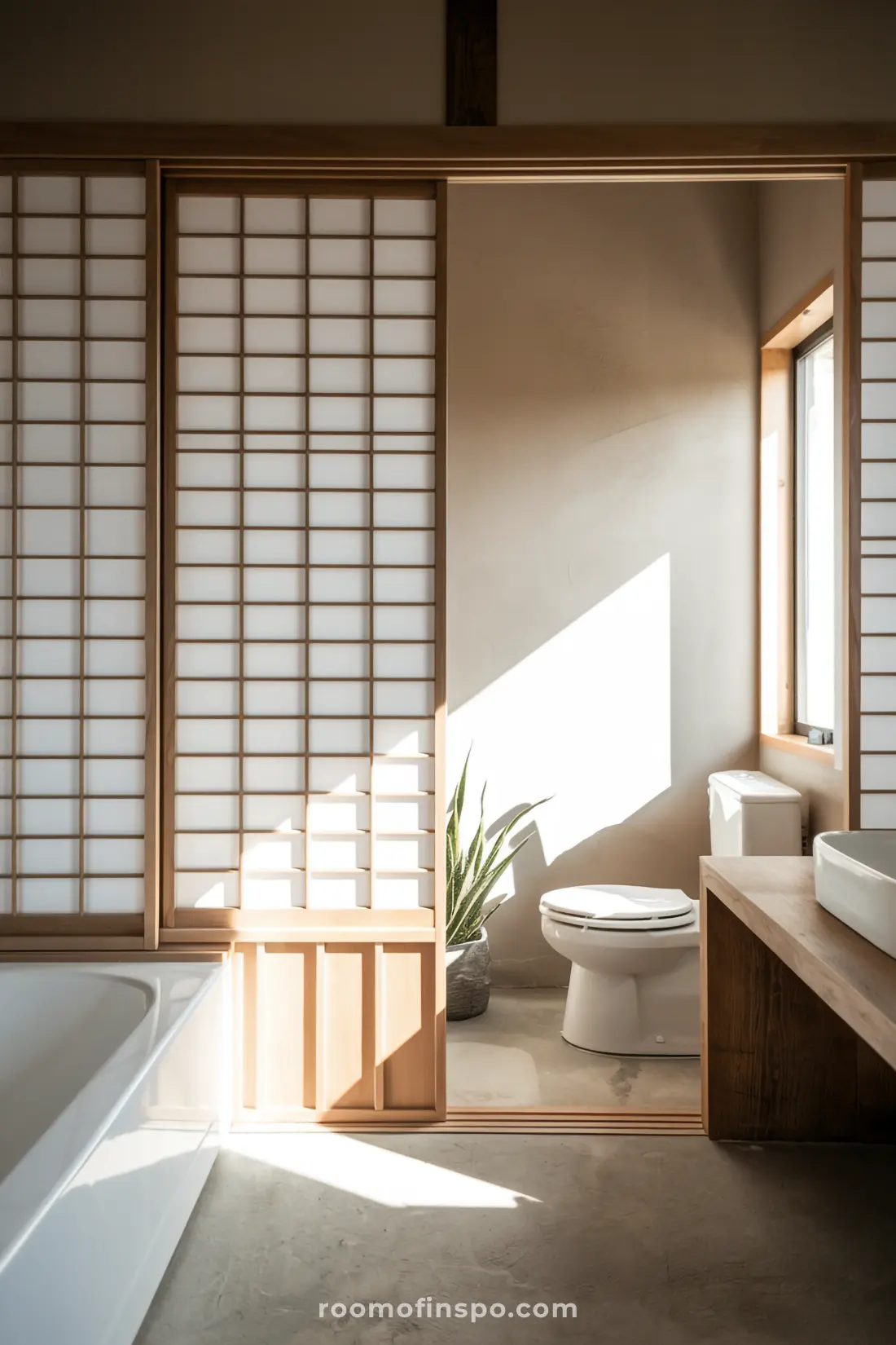 Banheiro Japandi com portas deslizantes elegantes e design minimalista.