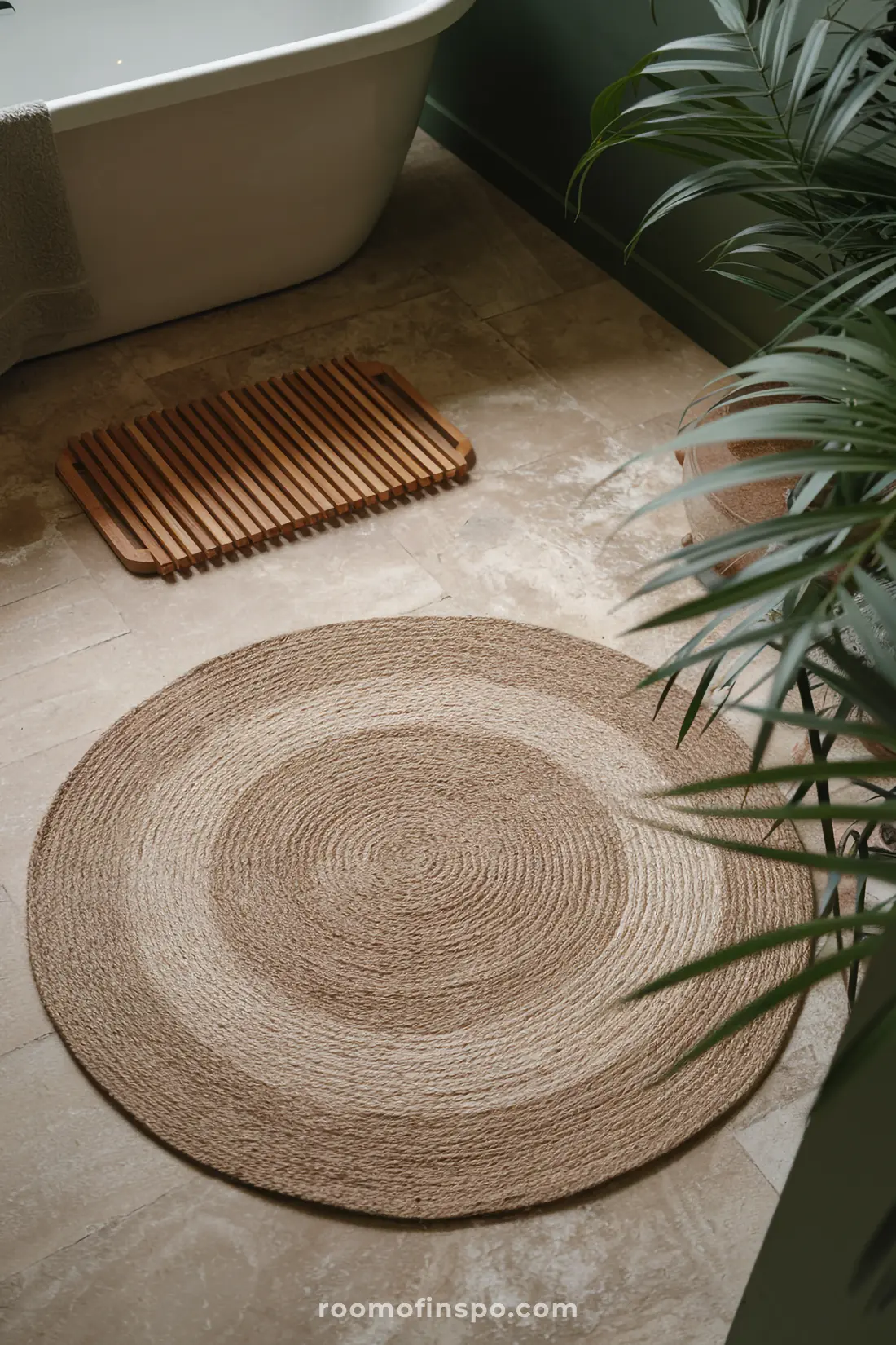 Tapete Japandi em fibras naturais adicionando textura ao piso minimalista do banheiro.