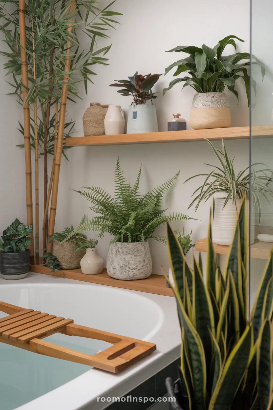 Banheiro Japandi com plantas de bambu e outras plantas japonesas adicionando vida e frescor natural.