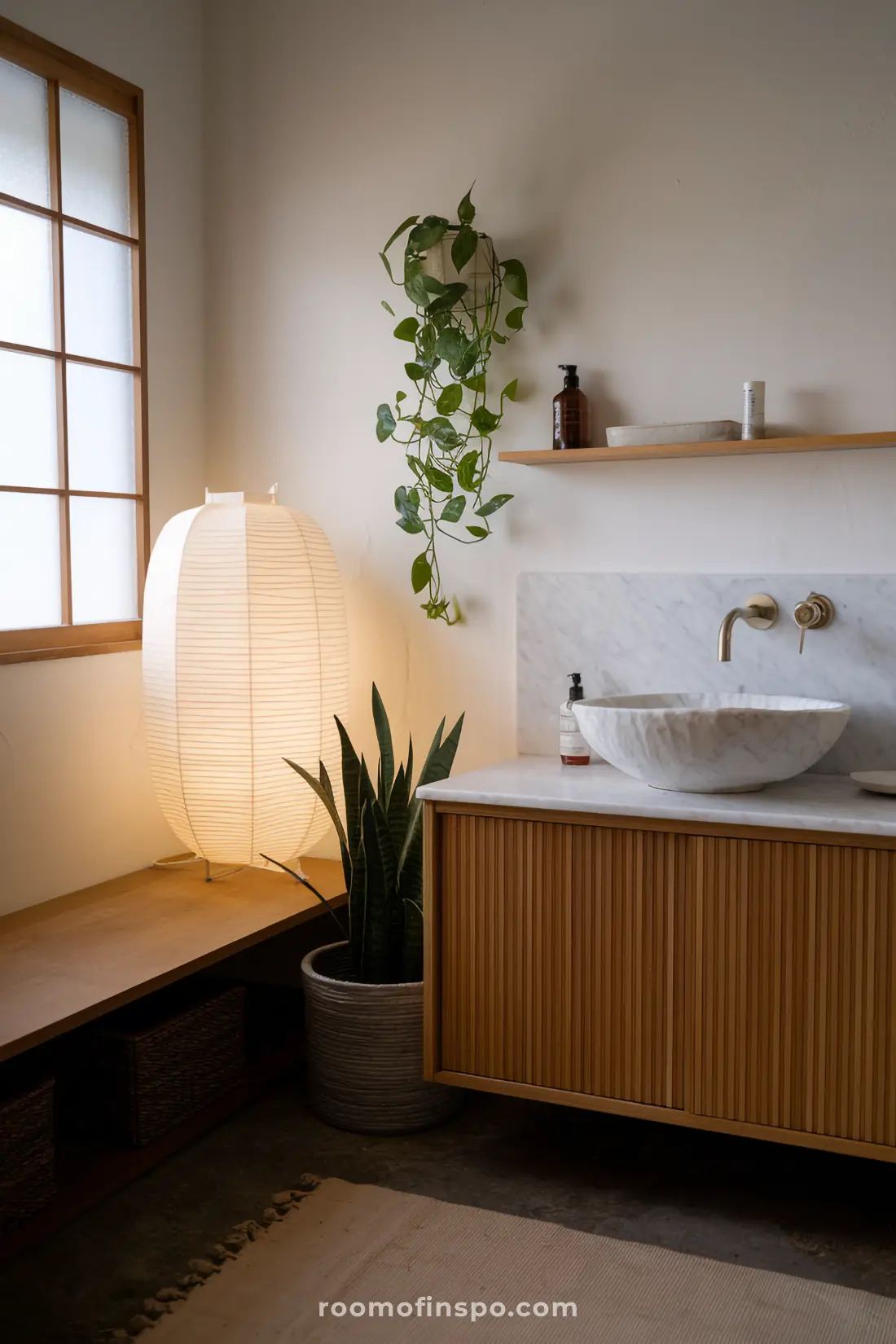Luminária de papel Washi adicionando suavidade tradicional japonesa a um banheiro Japandi.