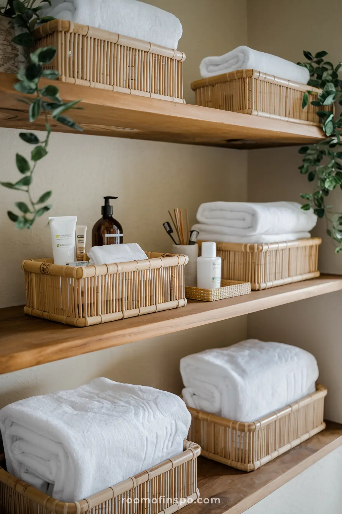 Soluções de armazenamento em bambu para organizar os essenciais do banheiro Japandi.
