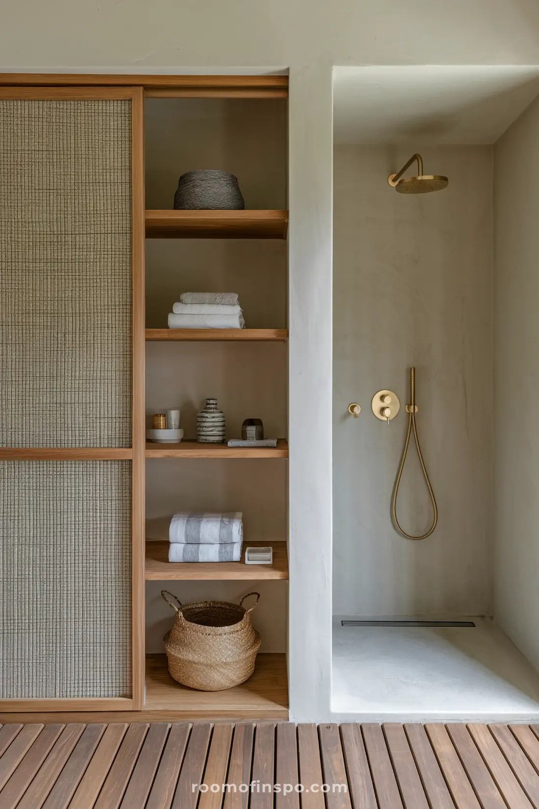 Prateleiras integradas em um banheiro Japandi decorado com decoração minimalista.