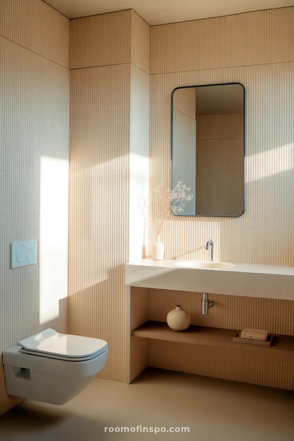 Um banheiro Japandi iluminado pelo sol com paredes estriadas texturizadas, uma pia flutuante e um espelho retangular elegante.