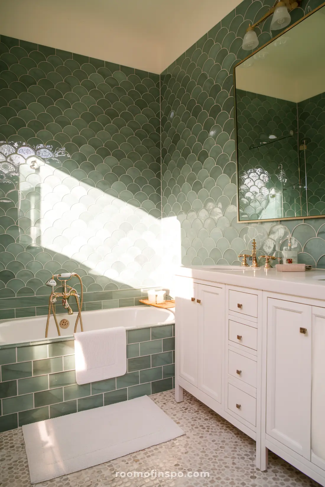 Banheiro com azulejos de sereia em forma de concha verdes e decoração natural.