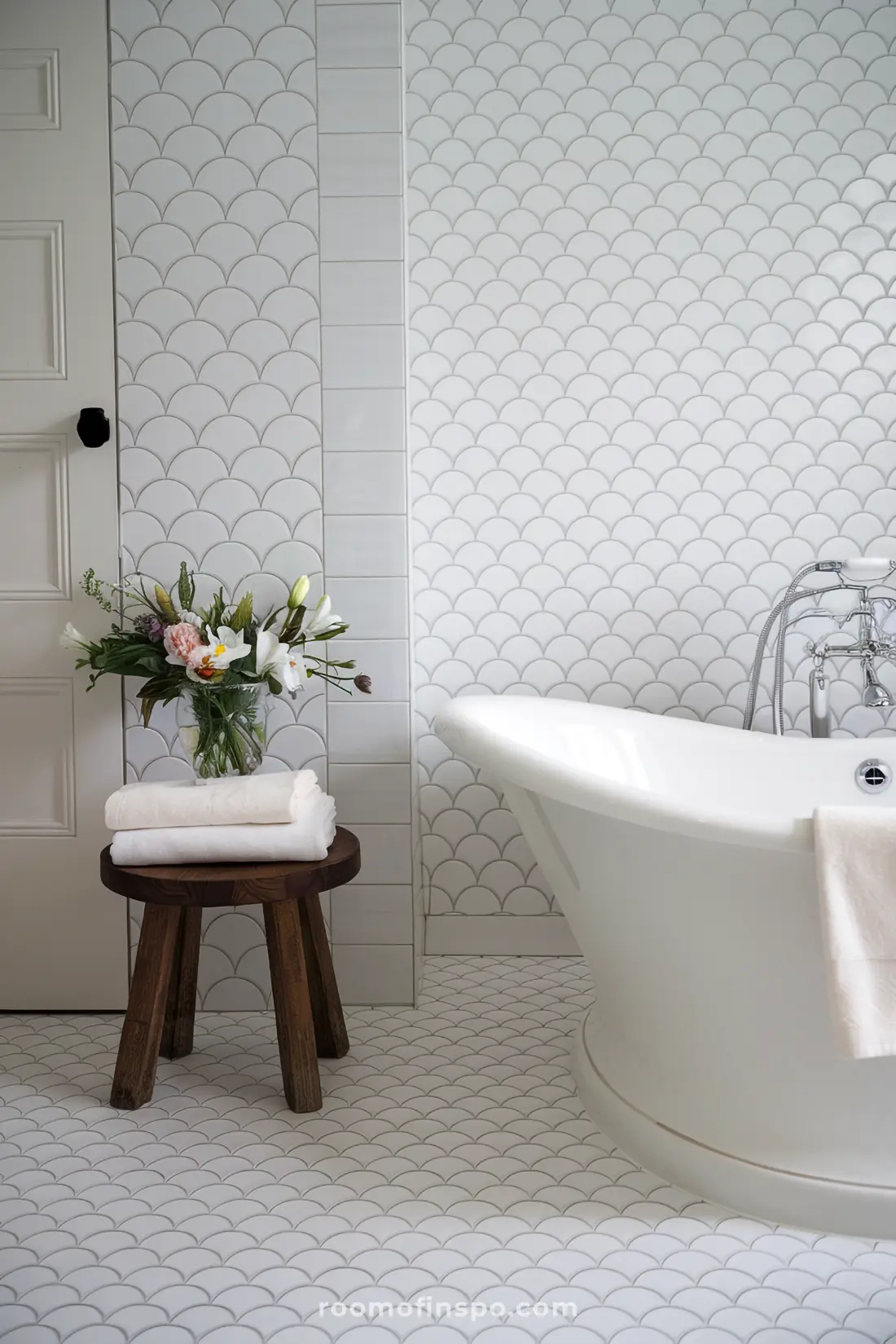Banheiro com azulejos de sereia brancos e decoração com aparência de spa.