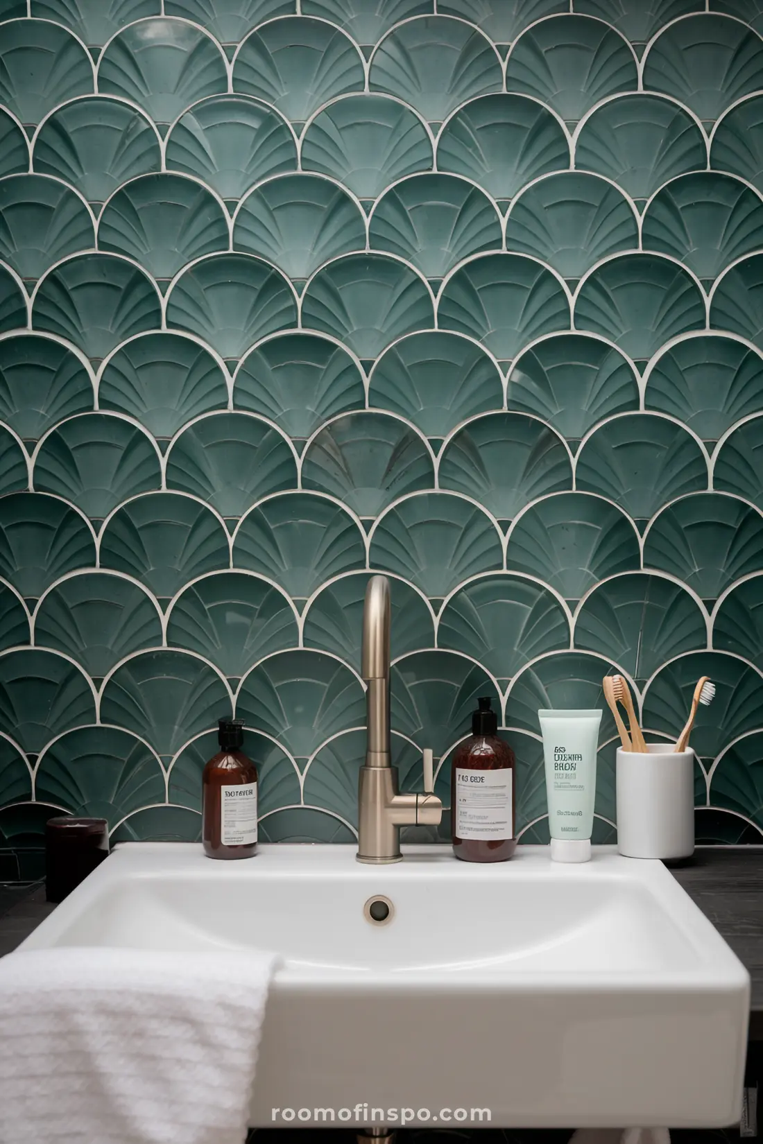 Banheiro com azulejos de sereia verde escuro e decoração ousada.