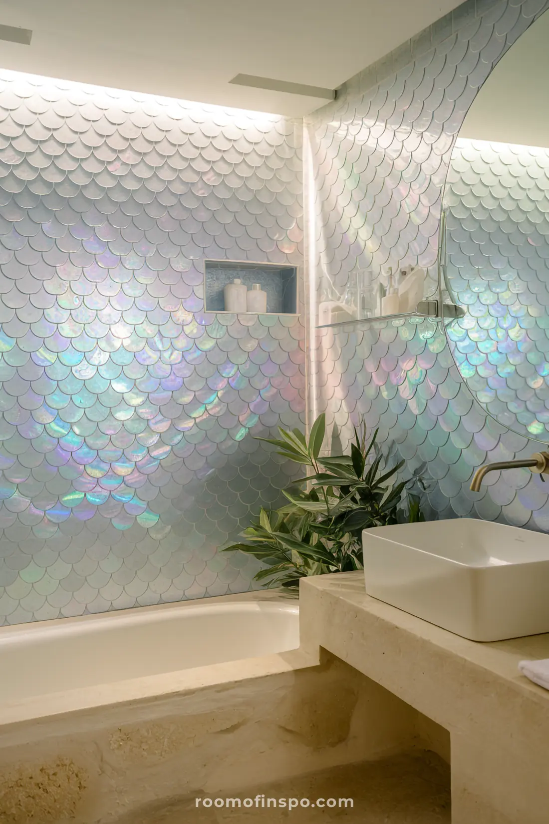Banheiro com azulejos de sereia perolados e acabamentos elegantes.