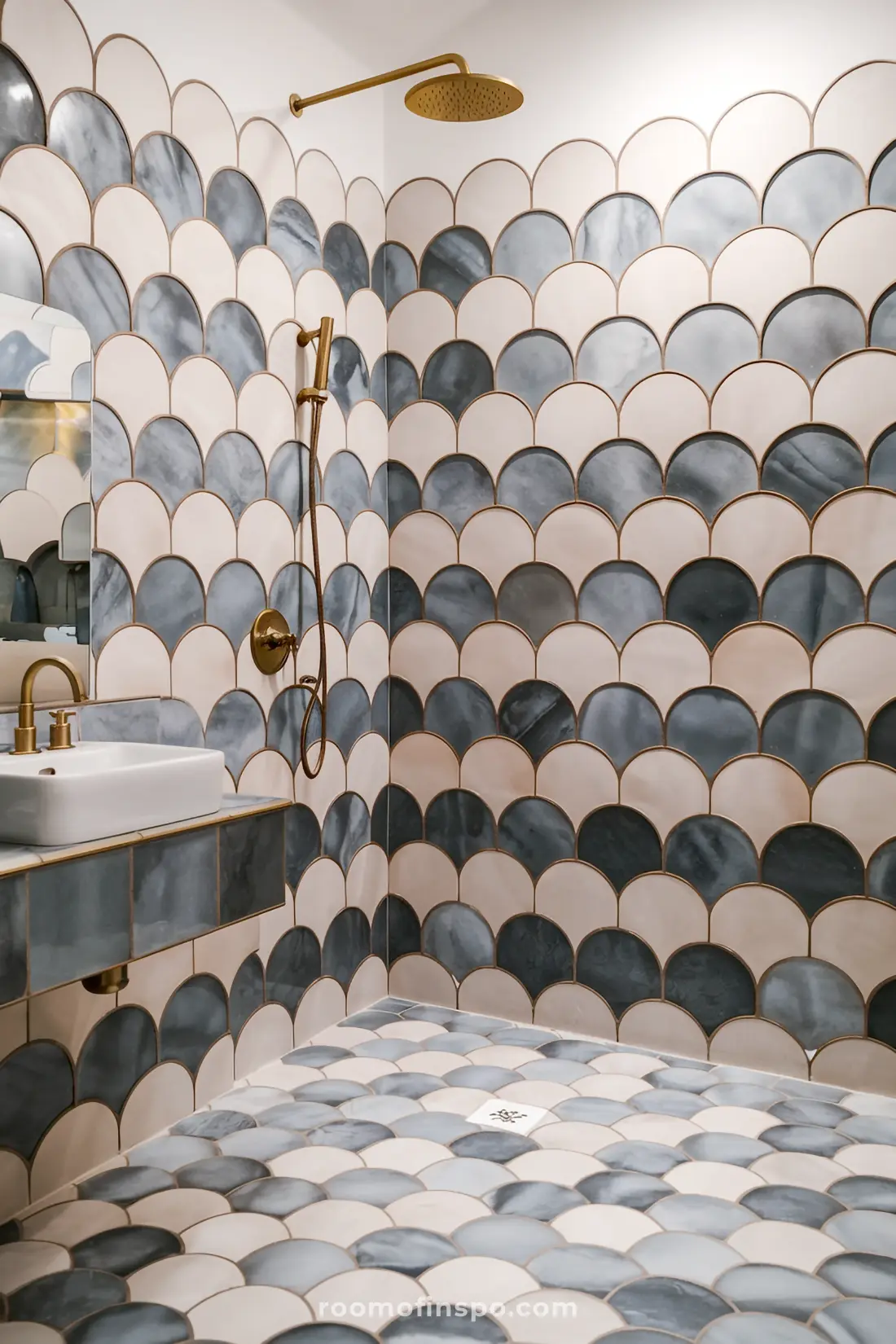 Banheiro com azulejos de sereia alternados e decoração moderna.