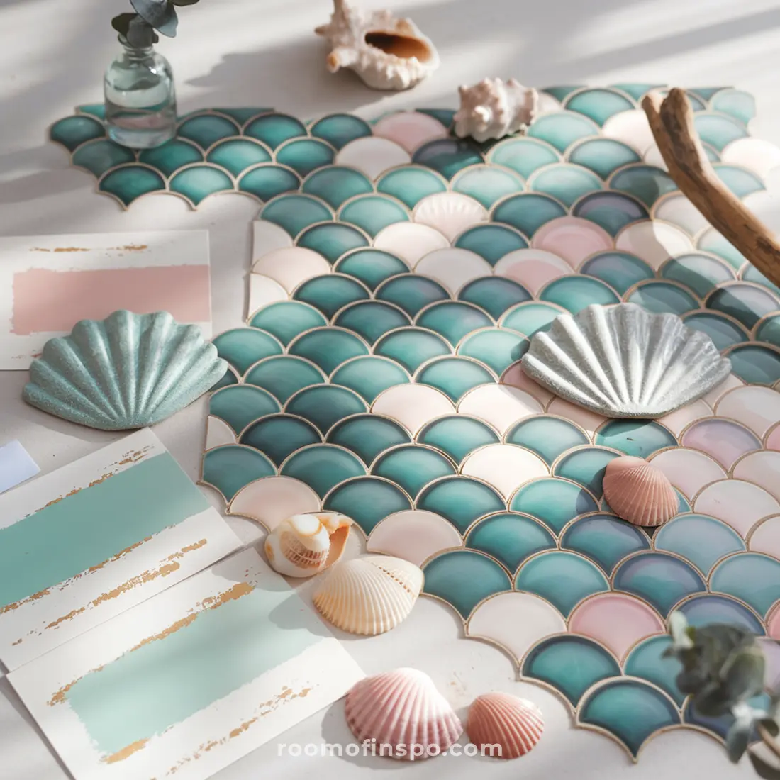 Uma coleção de azulejos em forma de escama de peixe em tons pastéis com conchas e amostras de tinta, criando uma estética de design inspirada na costa.