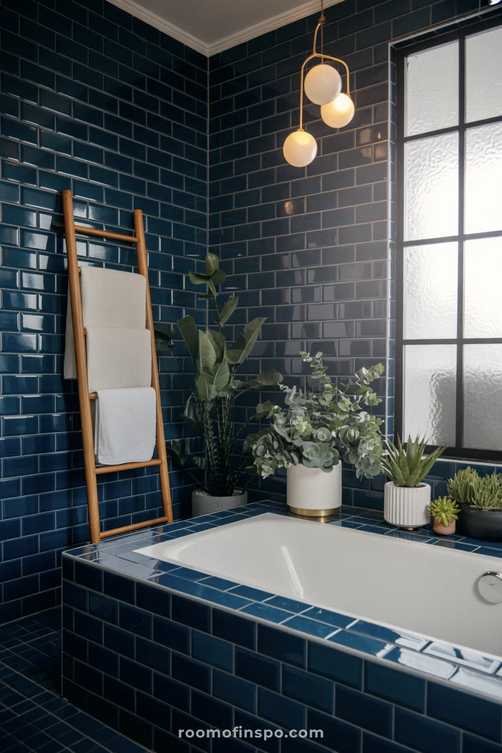 Banheiro azul sombrio com azulejos brilhantes em forma de ladrilho, uma banheira embutida, uma escada de madeira para toalhas e plantas sob uma janela escura.