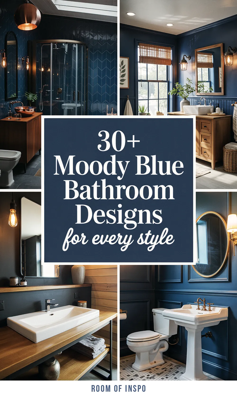 Colagem de banheiro azul escuro exibindo diferentes estilos sombrios como azulejos em zigue-zague, painéis, e vaidades de madeira, com a sobreposição de texto "30+ Designs de Banheiro Azul Sombrio para todos os estilos".