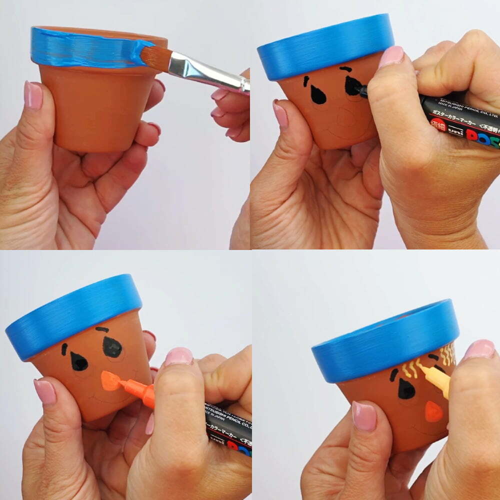 Passos de pintura do vaso de flores espantalho: primeiro o topo, depois adicionar os olhos, rosto e detalhes